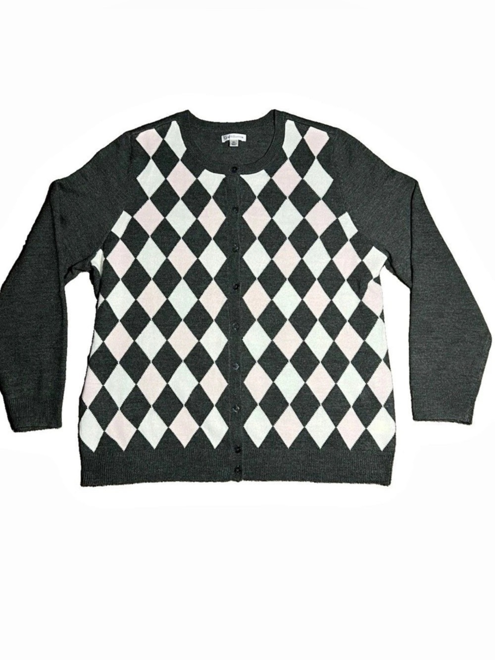 Croft & Barrow Argyle Cardigan Sweater Women's XL Gray Pink White Button Up